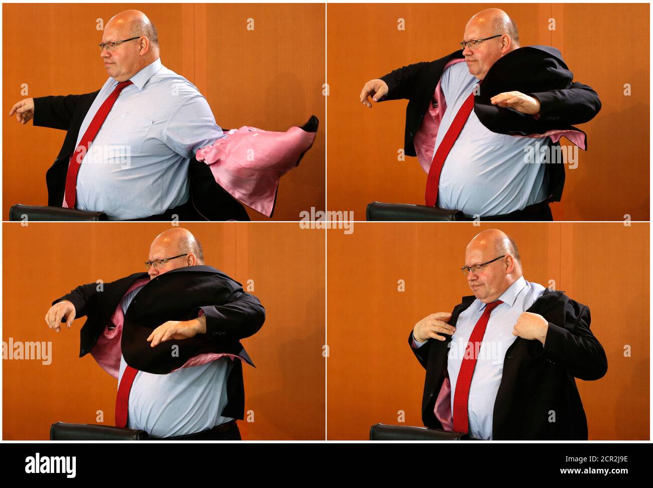 a-combination-of-four-pictures-shows-german-head-of-the-federal-chancellery-peter-altmaier-putting-on-his-jacket-during-a-cabinet-meeting-at-the-chancellery-in-berlin-germany-may-18-2016-reutersfabrizio-bensch-2CR2J9E.jpg